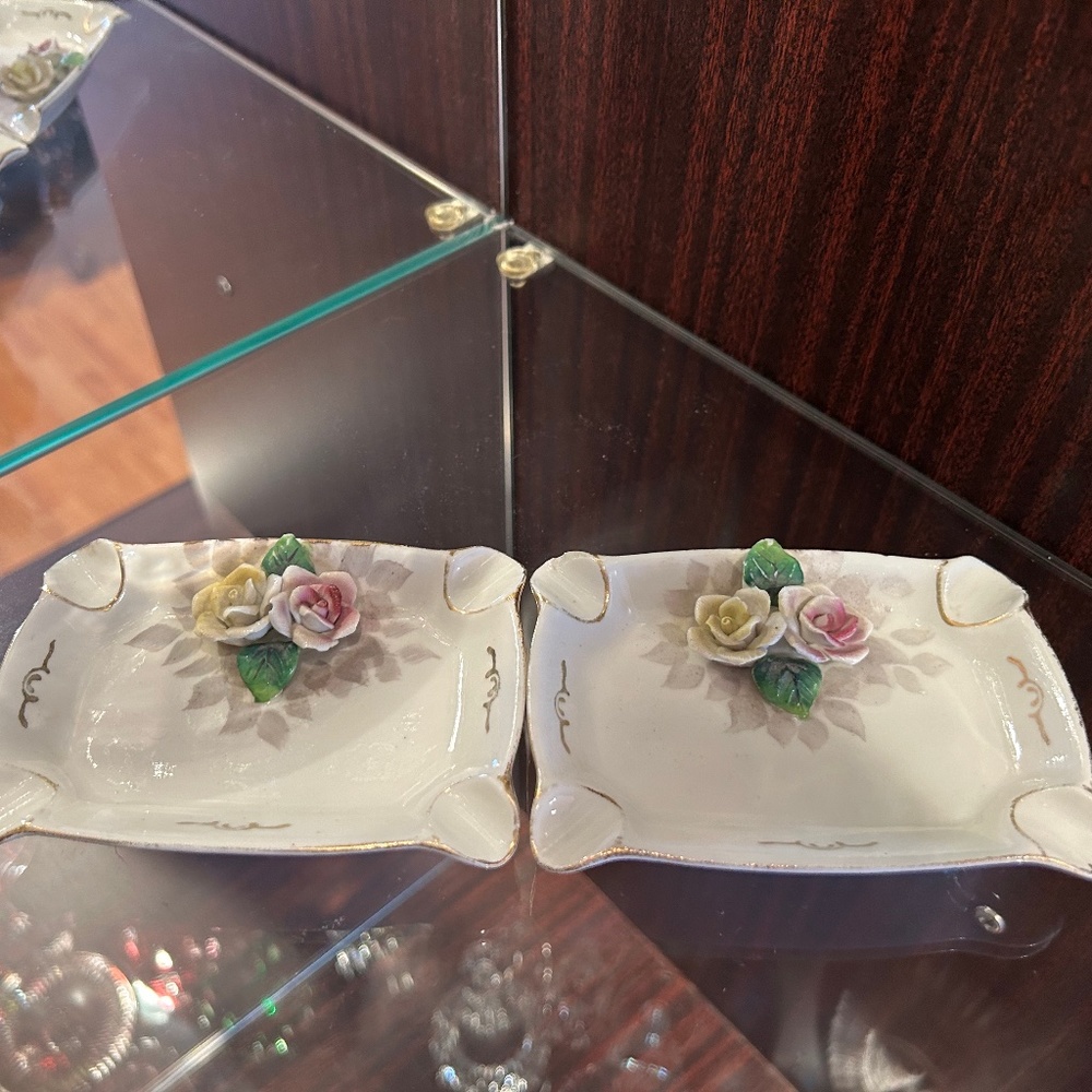Pair of Vintage Porcelain Floral Ashtrays